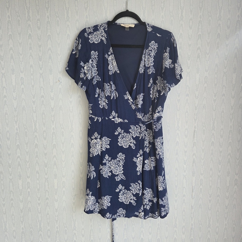 Rokoko Womens L Wrap Dress Navy Blue Floral Mini Short Sleeve Boho Cottage